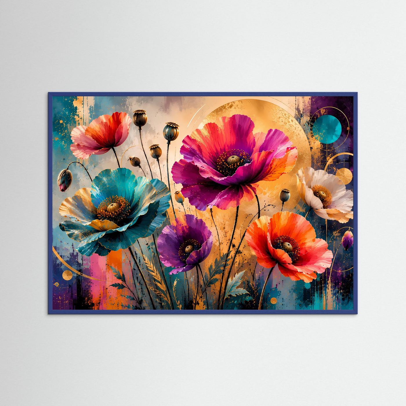 Wandbild im Querformat mit bunten Mohnblumen und Goldkreis, blauer Rahmen