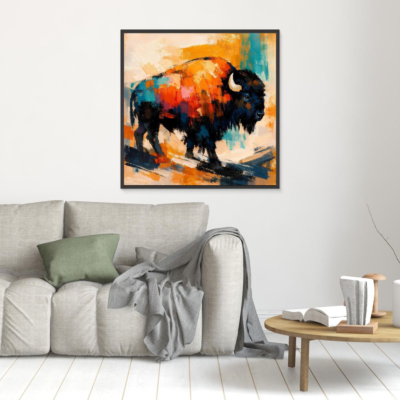 Small framed modern abstract bison wall art with orange, teal, and dark blue paint strokes