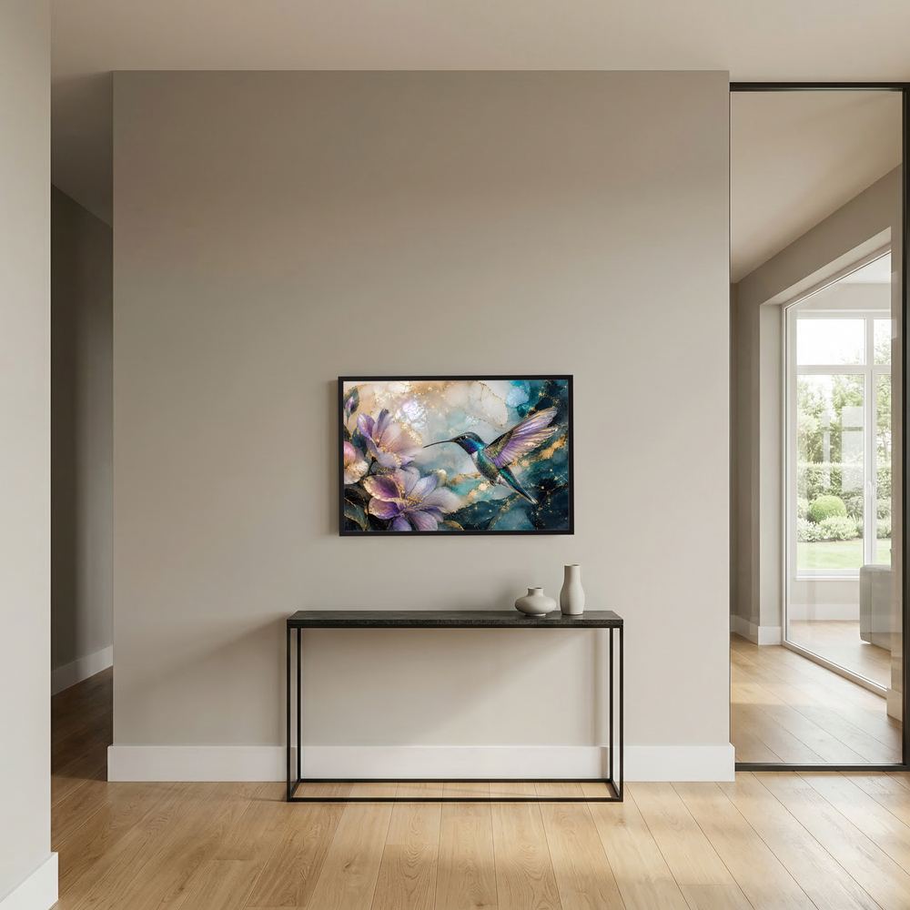 Wandbild mit Kolibri zwischen Blüten, Türkis und Violett, schwarzer Rahmen
