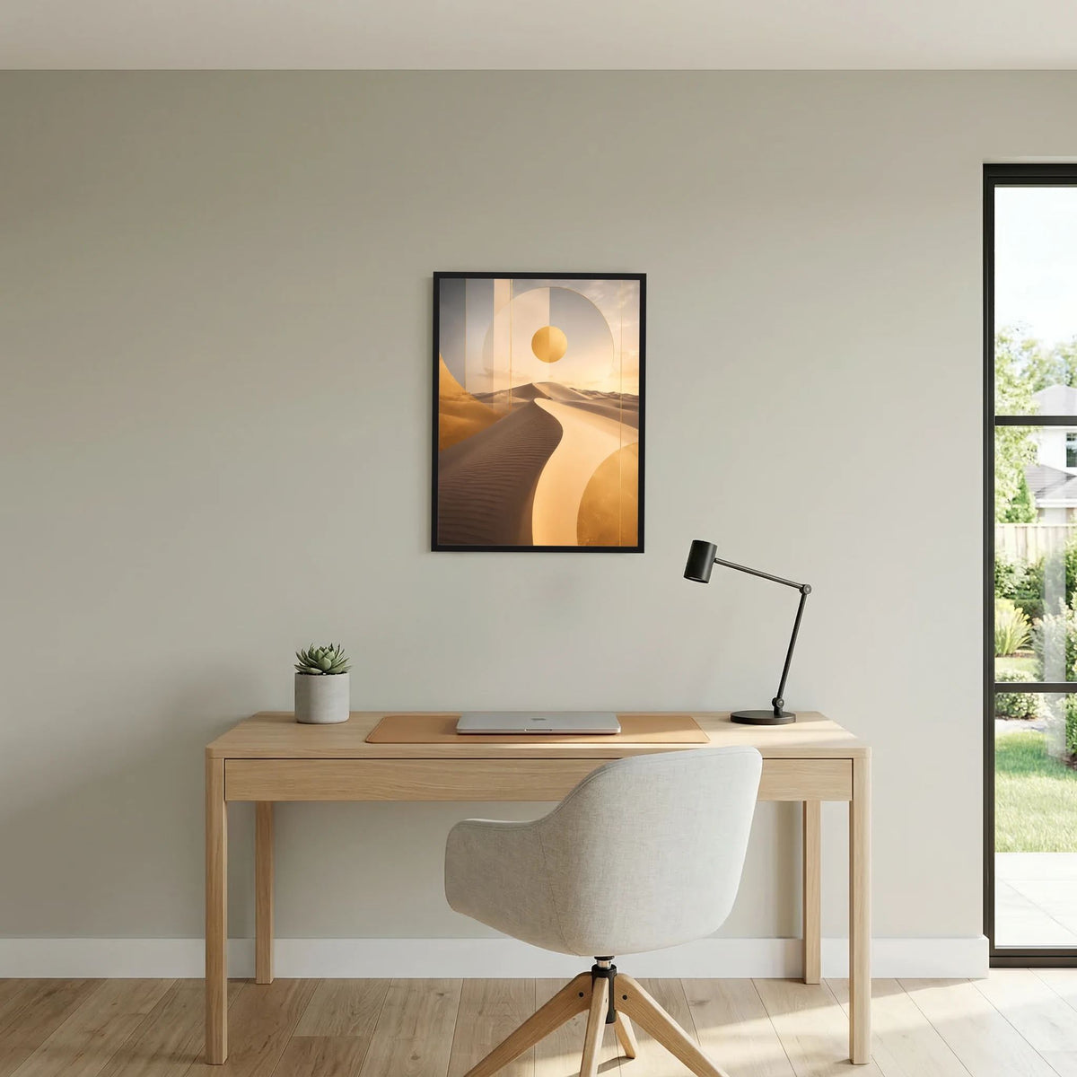 Hochformatiges Poster mit warmen Dünenformen und goldener Sonne im schwarzen Rahmen