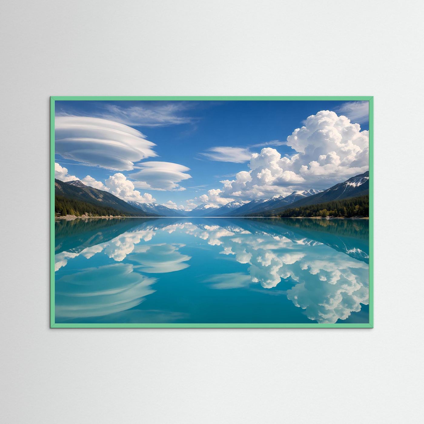 Wandposter mit Alpensee und Spiegelung unter Wolken, mit grünem Rahmen