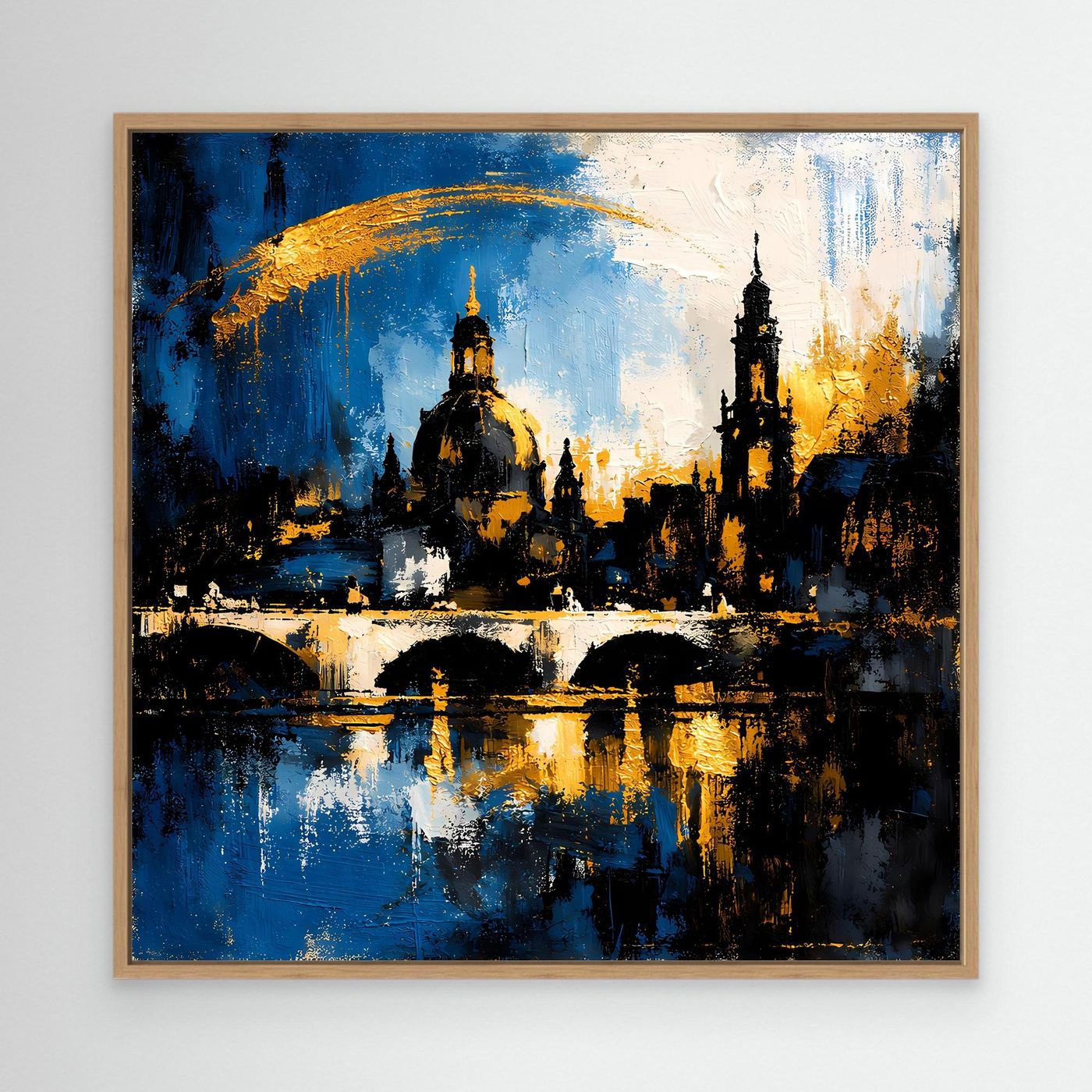 Leinwand-Wandbild mit abstrakter Skyline in Blau, Gold und Schwarz, Elbansicht mit Holzrahmen