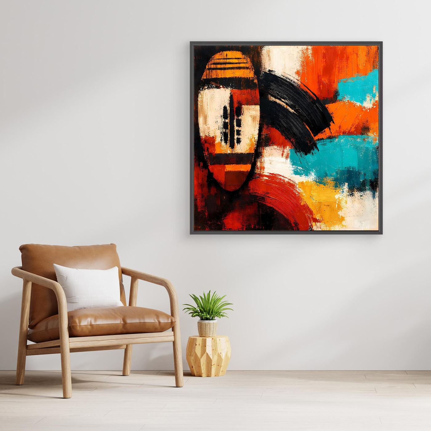 Framed abstract mask wall art with high-contrast orange, turquoise, black and cream