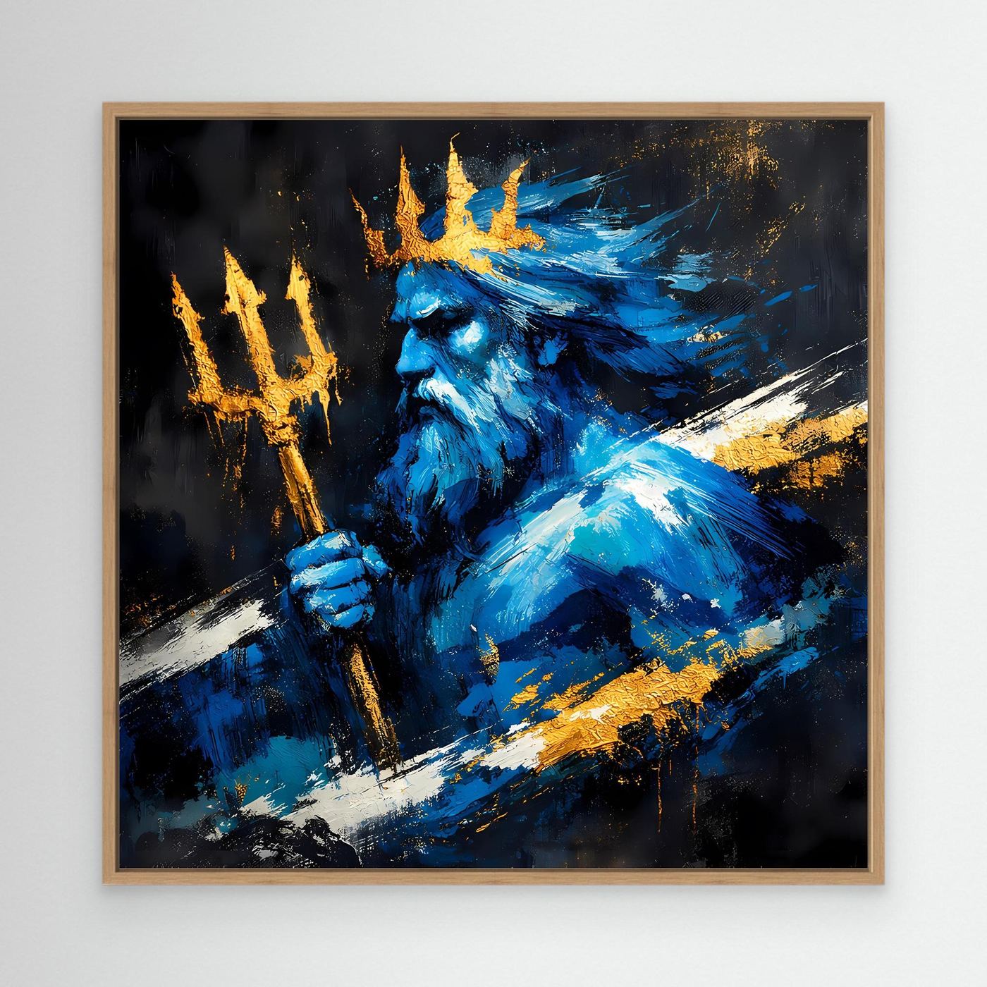 Leinwand Poseidon Gott des Meeres | Abstraktes Mythologie Wandbild Blau Gold