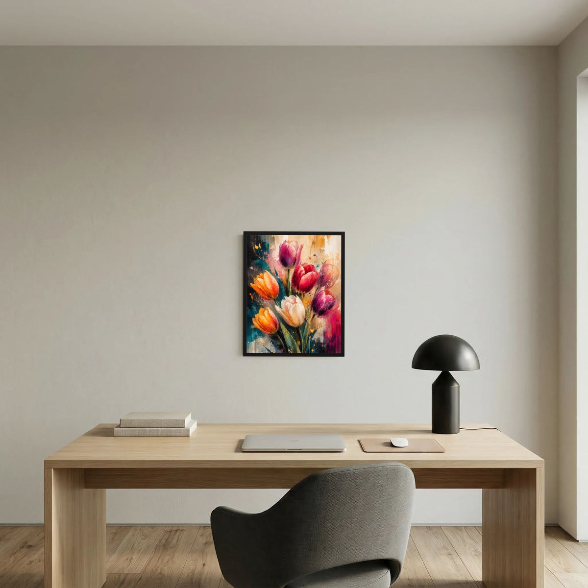 Gerahmtes abstraktes Tulpen-Kunstposter mit violetten und orangefarbenen Blüten