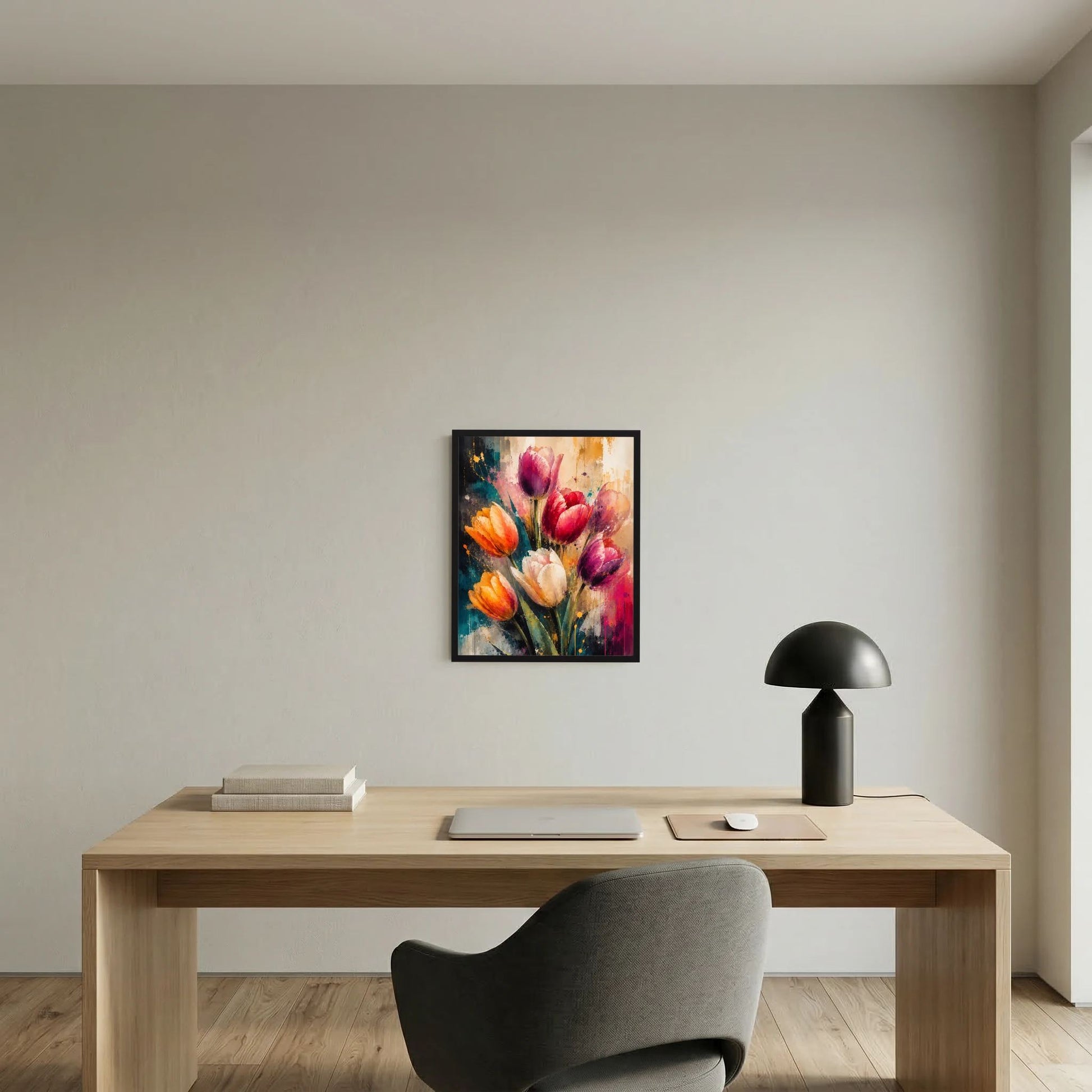 Gerahmtes abstraktes Tulpen-Kunstposter mit violetten und orangefarbenen Blüten