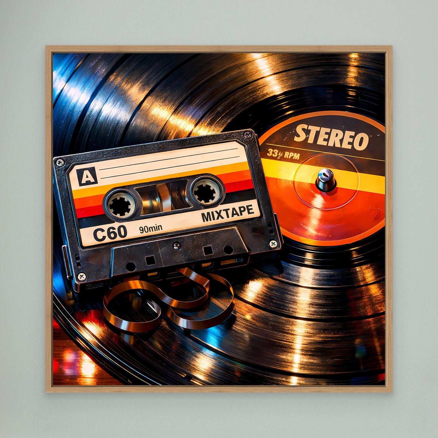 Leinwandbild mit Retro-Mix Tape und Schallplatte, orange/blau, Eichenrahmen