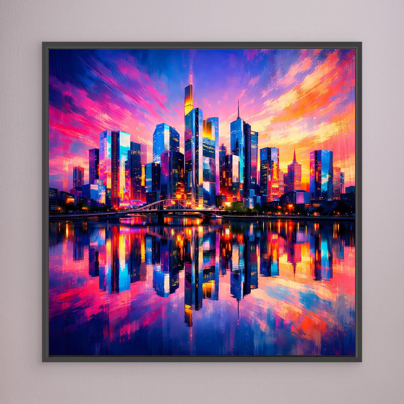 Leinwand Farbenfrohe Frankfurt Skyline bei Sonnenuntergang | Modernes Wandbild