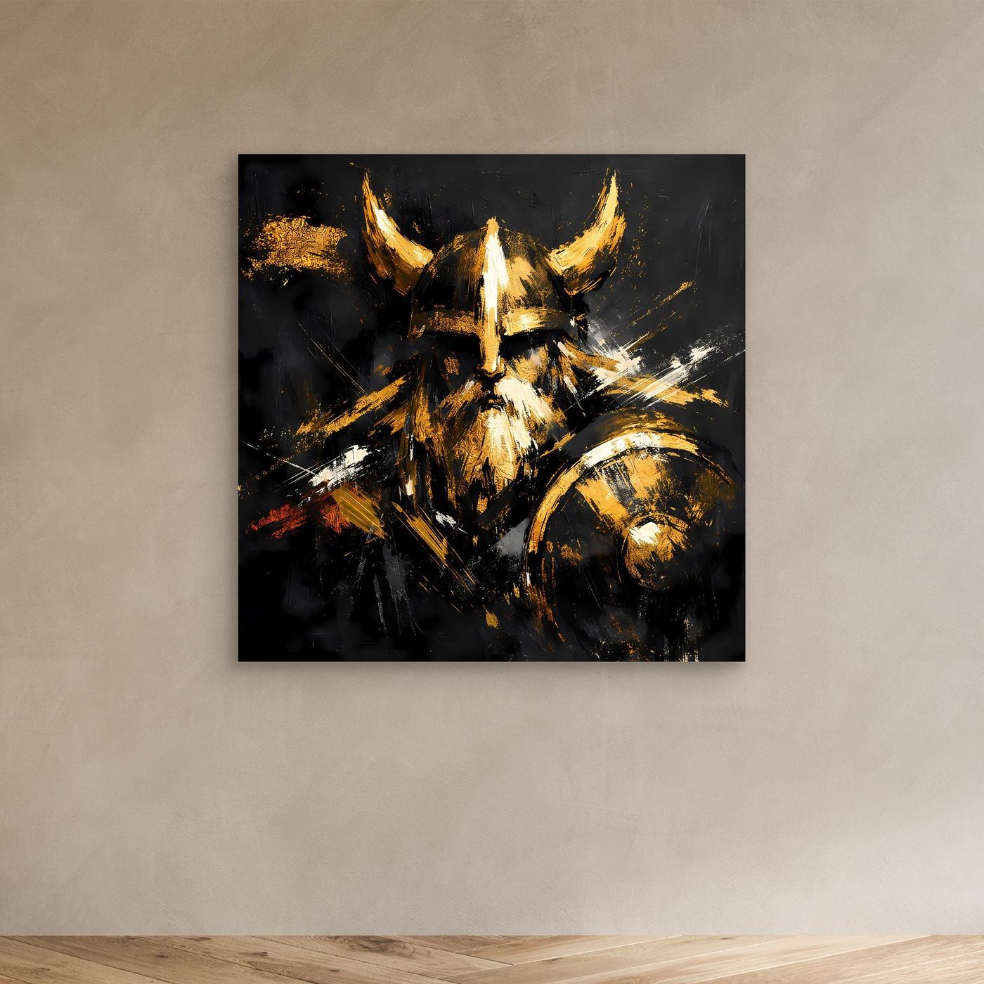 Leinwand Goldener Wikinger mit Schild | Abstraktes Nordmann Wandbild Modern