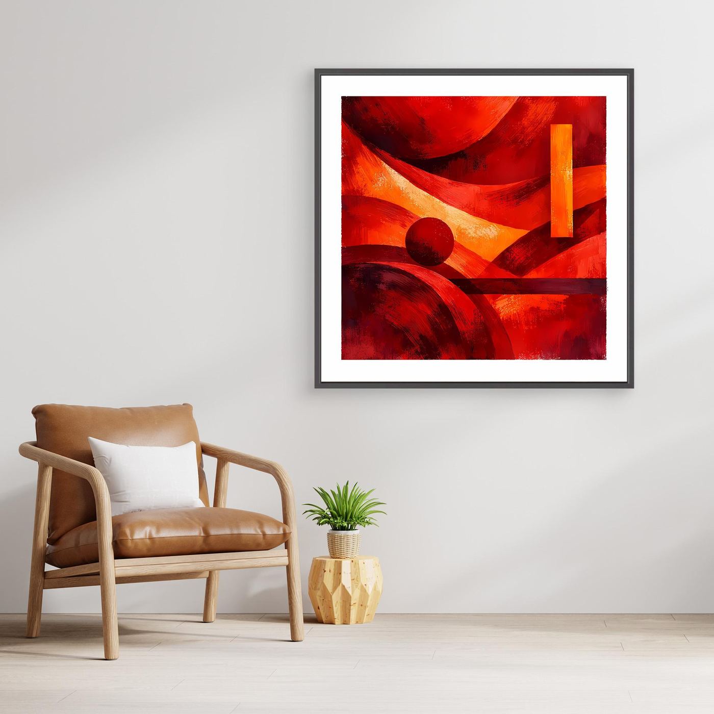Leinwandbild mit abstrakten roten, orangefarbenen und schwarzen Geometrien, schwarzer Rahmen