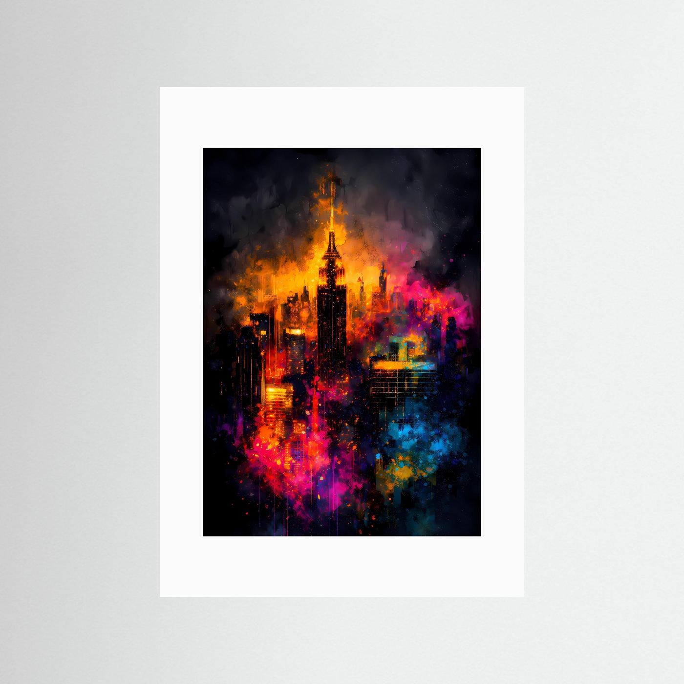 Lichter der Großstadt | Abstraktes New York Skyline Poster in leuchtenden Farben | Modernes Kunstposter Hochformat