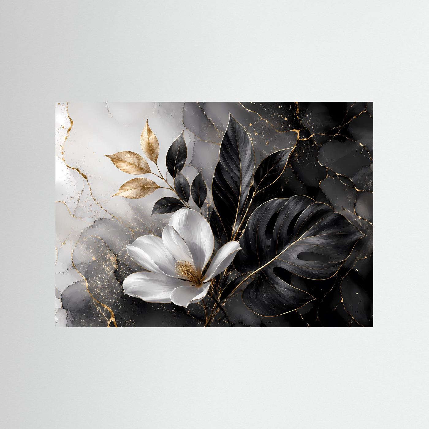 Magnolie Schwarz Gold Wandbild | Botanische Luxus Kunst | Monstera Blätter Poster | Elegante Leinwand | Modern Floral Wall Art | Marmor Dekoration