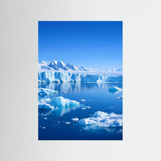 Naturposter mit Antarktis-Gletscher und blauem Eissee, hellblauer Himmel, Hochformat