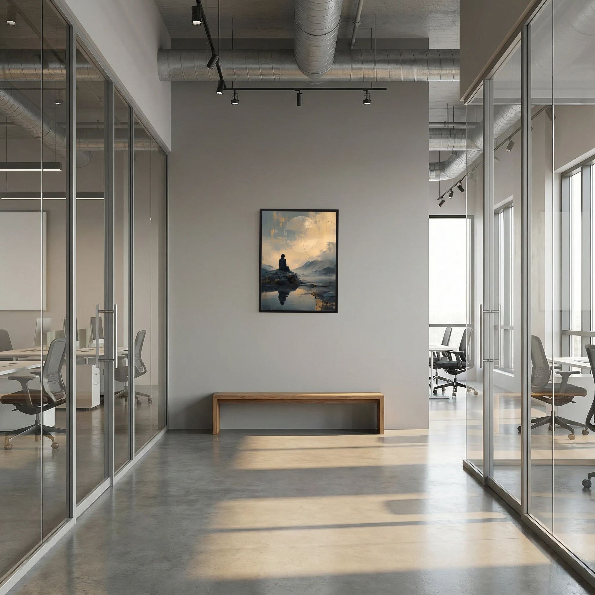 Poster in Hochformat mit meditierender Person auf Felseninsel, Mond und Seeoberfläche