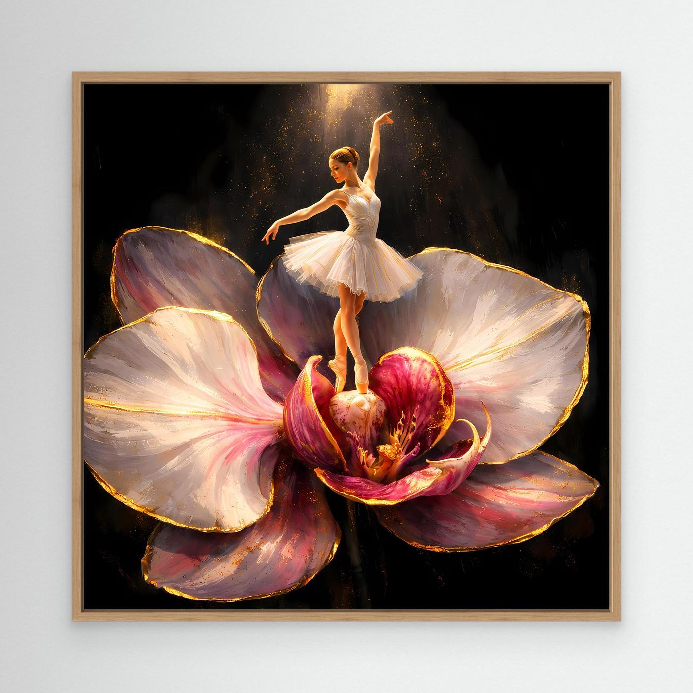Premium Leinwand Elegante Ballerina auf Orchidee | Abstraktes Ballett Wandbild mit Goldakzenten
