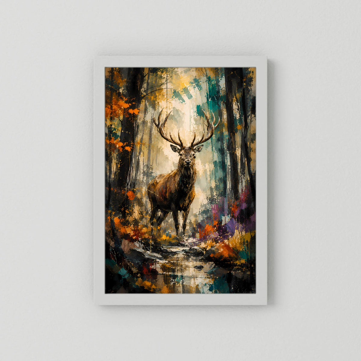 Majestätischer Hirsch | Abstrakte Waldkunst in Gold und Türkis | Poster Hochformat