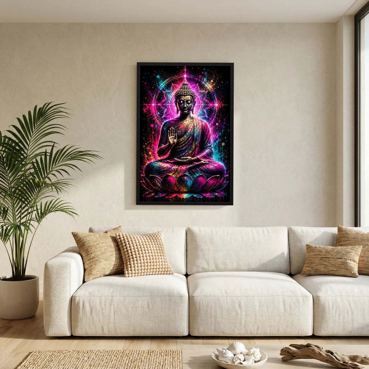 Hochformatiges Buddha-Neonmandala-Poster mit schwarzem Rahmen: Meditationsbuddha auf Lotus, pink/türkis