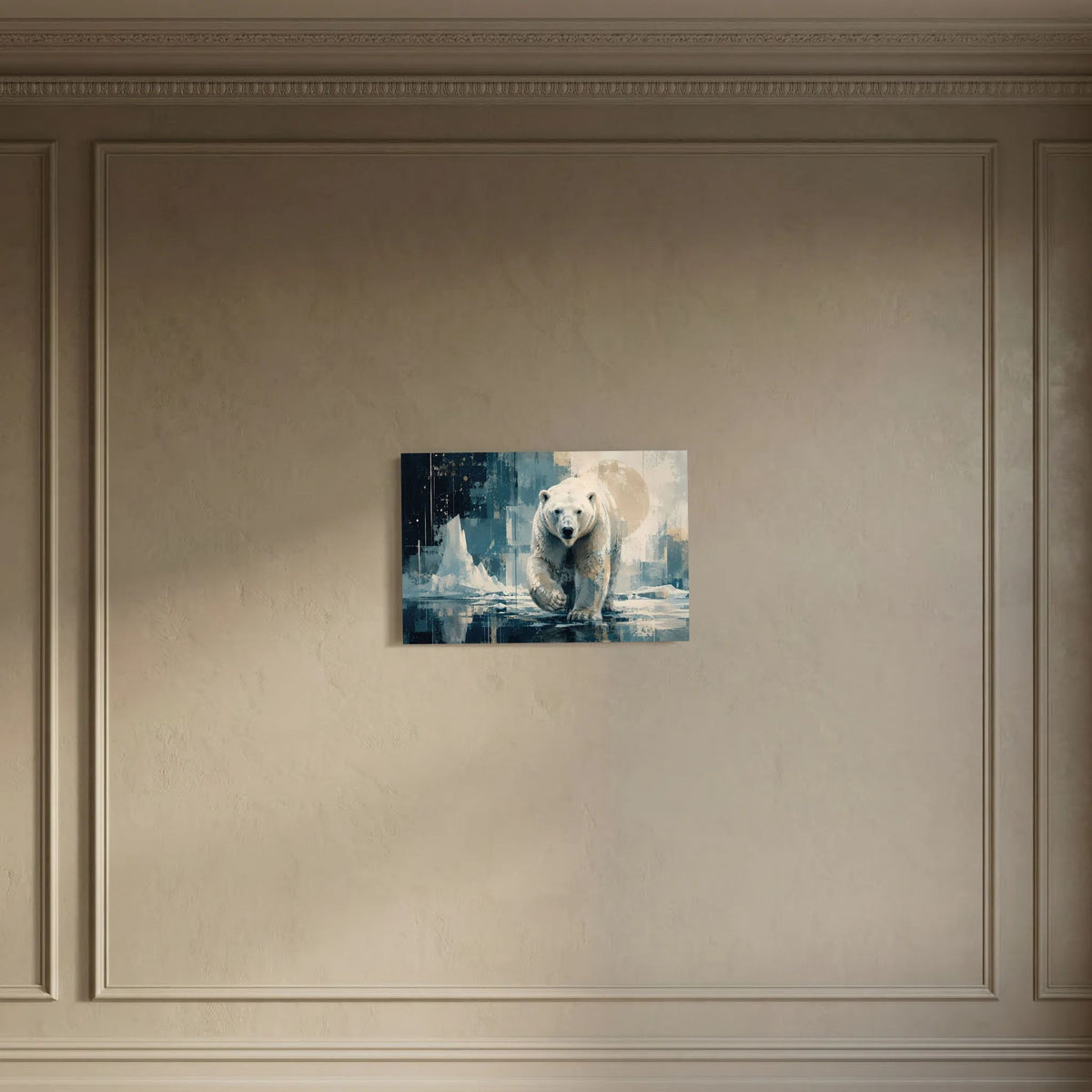 Eisbär-Poster im Querformat mit abstraktem Blau-Beige Motiv, ohne Rahmen