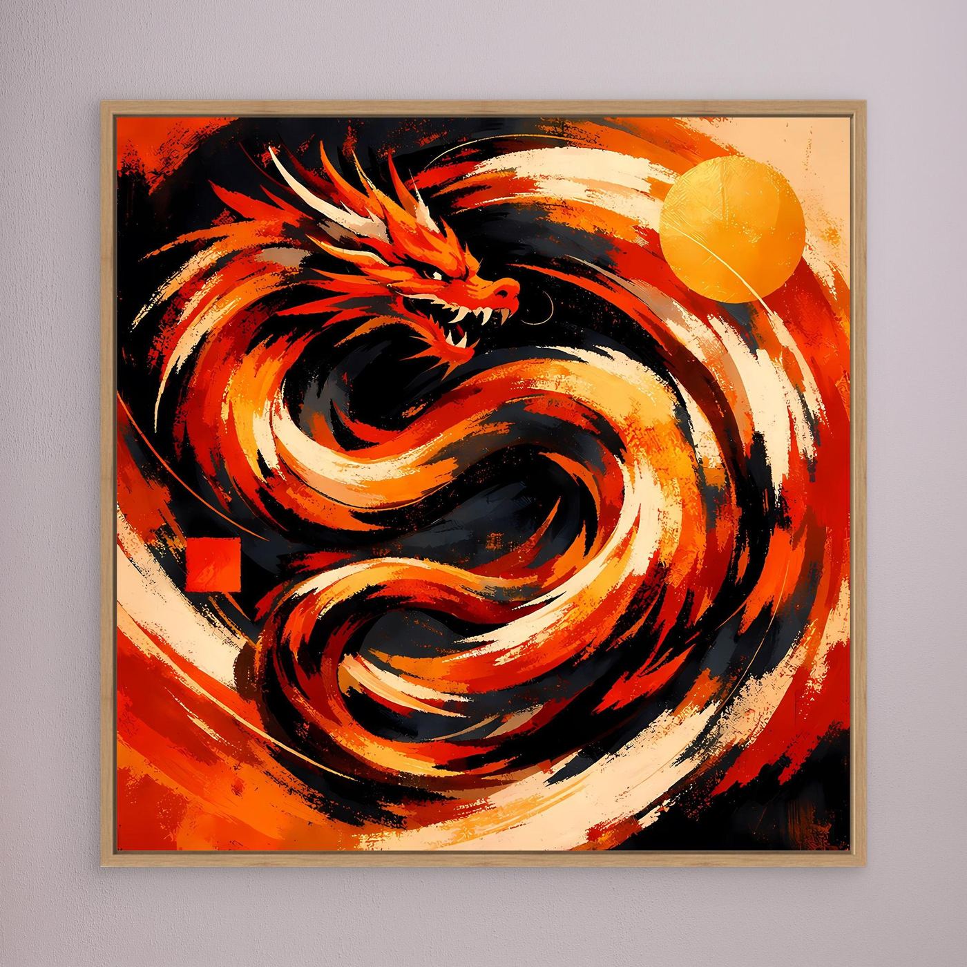Gerahmtes Leinwand-Wandbild: roter Drache in feurigen Wirbeln, brauner Rahmen
