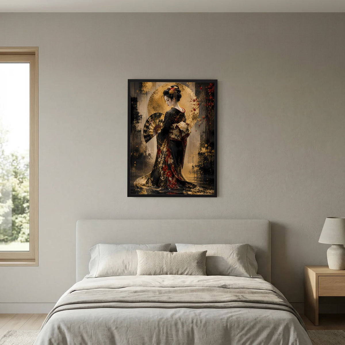 Hochformat-Poster mit Geisha im Kimono, schwarz-gold, goldener Hintergrund mit Spritzdekor