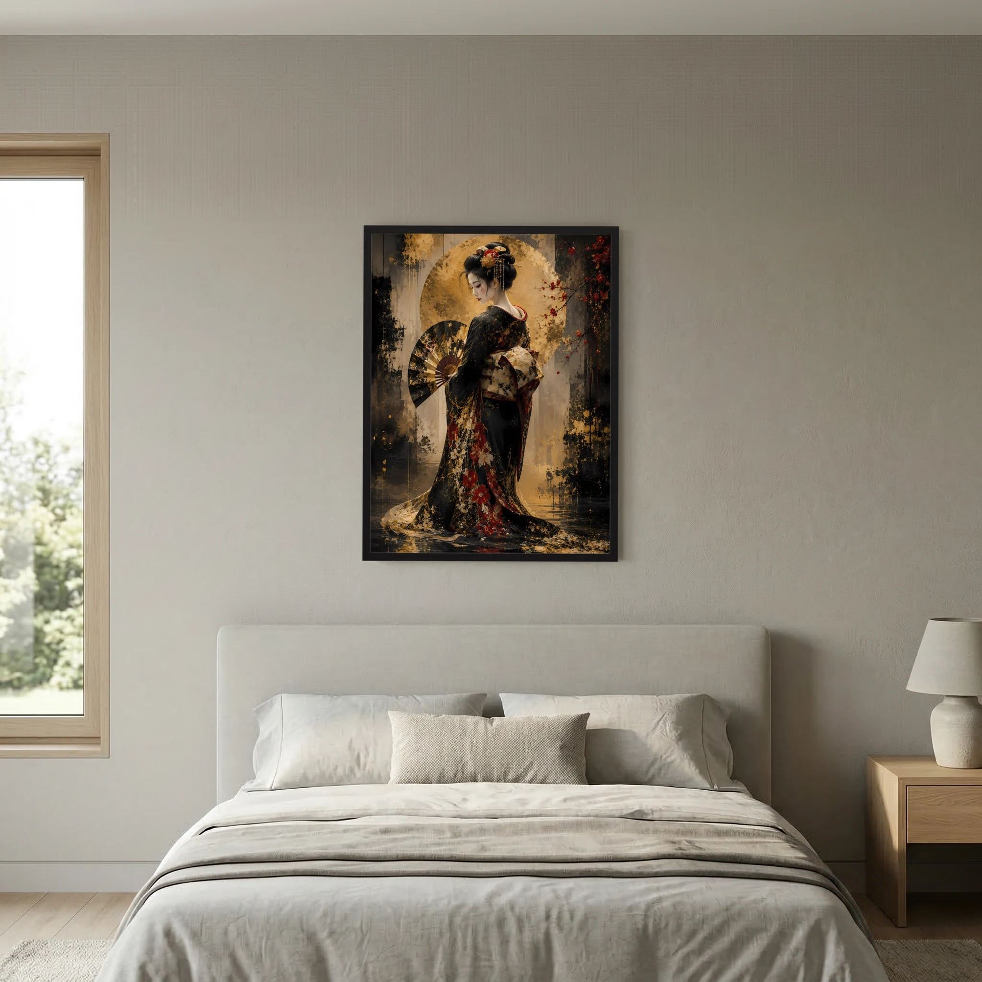 Hochformat-Poster mit Geisha im Kimono, schwarz-gold, goldener Hintergrund mit Spritzdekor
