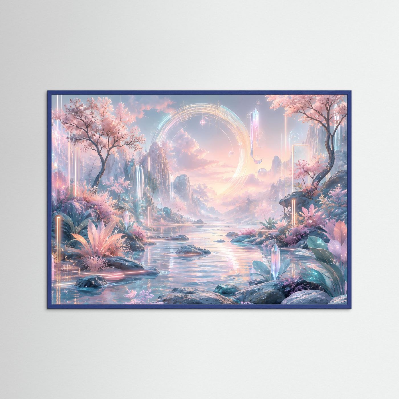 Futuristische Traumlandschaft in Pastell | Fantasy Natur mit Kirschblüten & Lichtportal