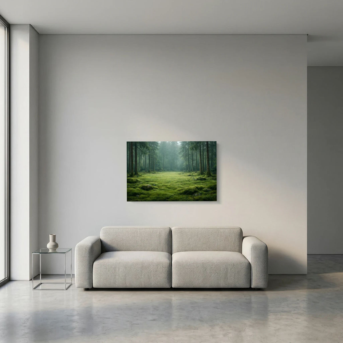 Wandbild im Querformat mit Waldweg und grünem Moos im Nebel, an der Wand montiert.