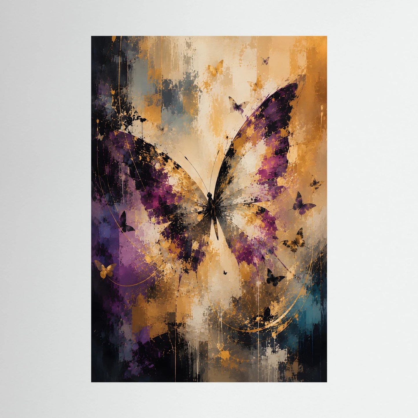 Hochformatiges Kunstposter mit abstrakten Schmetterlingen in Violett, cremefarben und gold