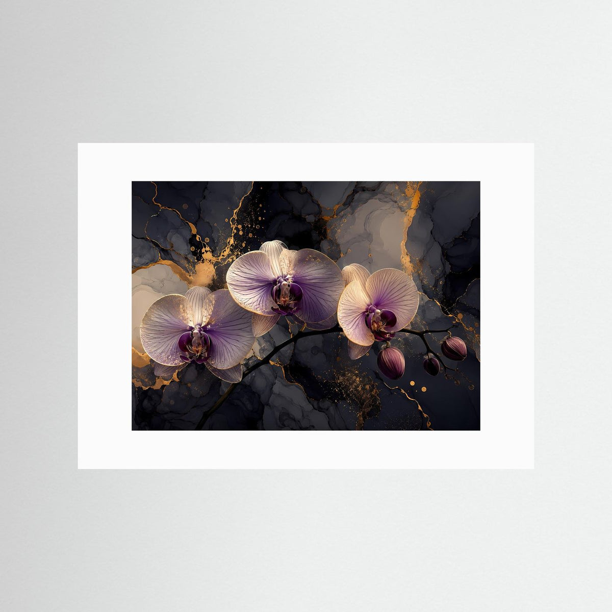 Wandbild mit Phalaenopsis-Orchideen, violette Blüten, Goldakzente, weißes Passepartout