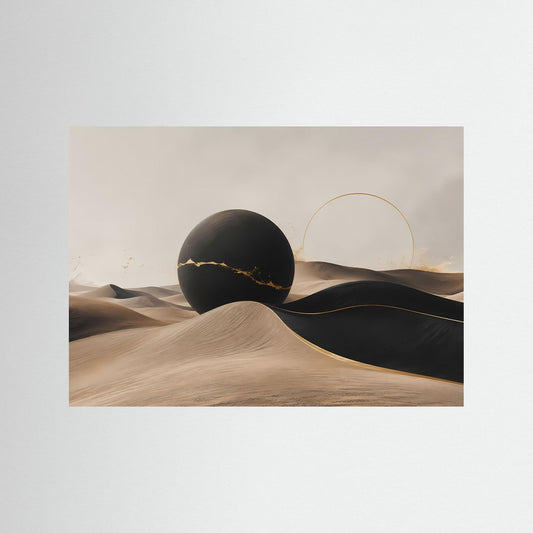 Abstraktes Wandbild mit schwarzer Kugel, beigen Wüstendünen und goldenen Linien