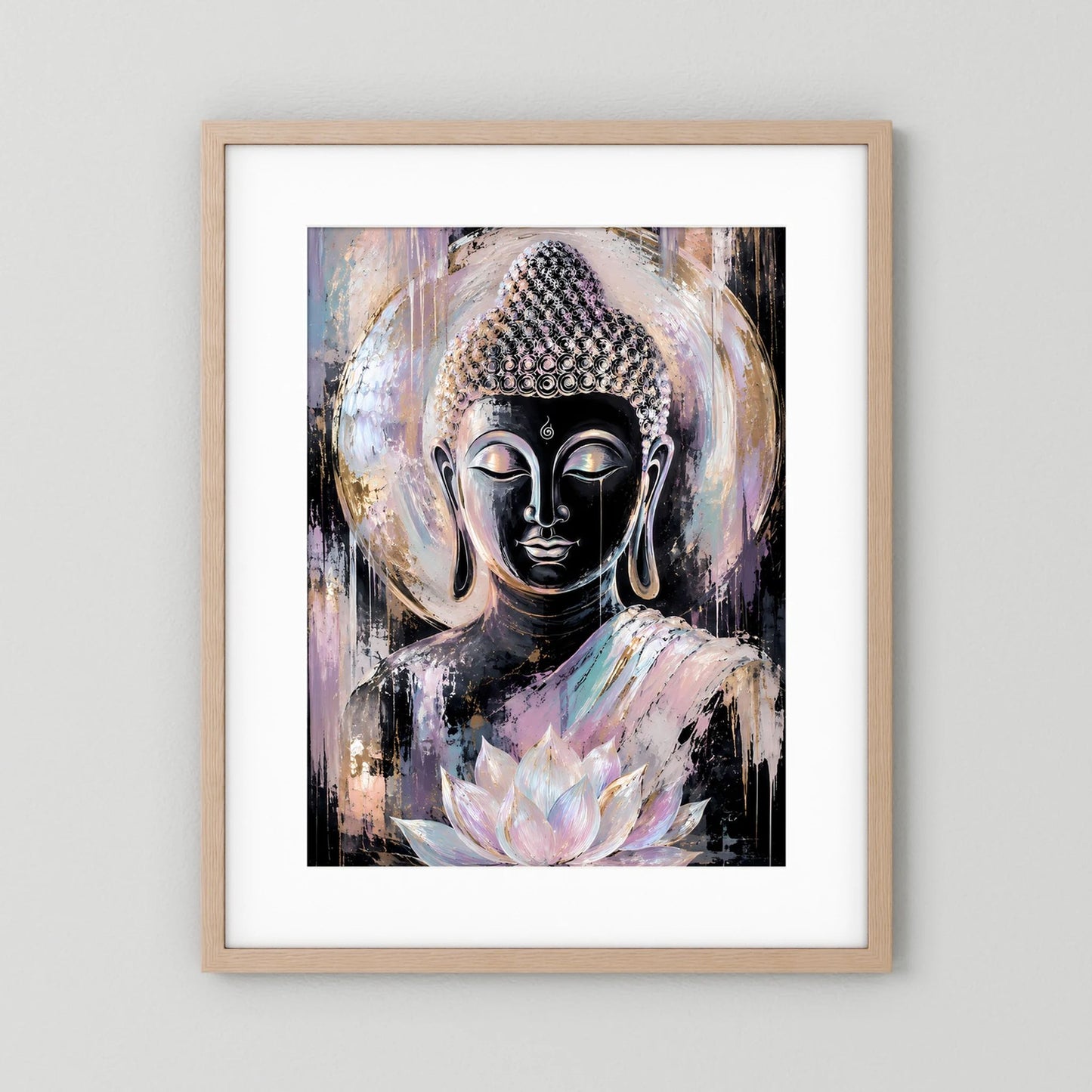 Buddha-Poster mit hellem Holzrahmen und weißem Passepartout, Buddha mit Lotusblüte