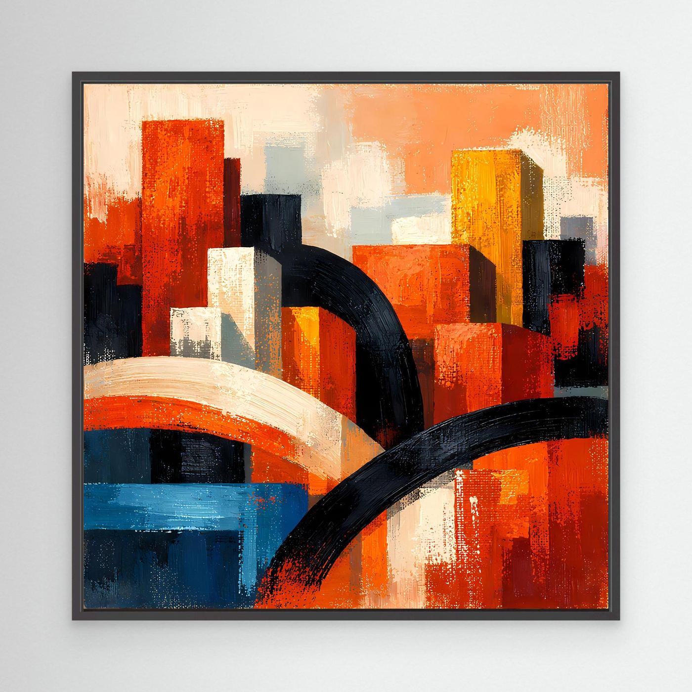Leinwandbild im schwarzen Rahmen: abstrakte Skyline mit orange, blau und schwarzen Architektursegmenten