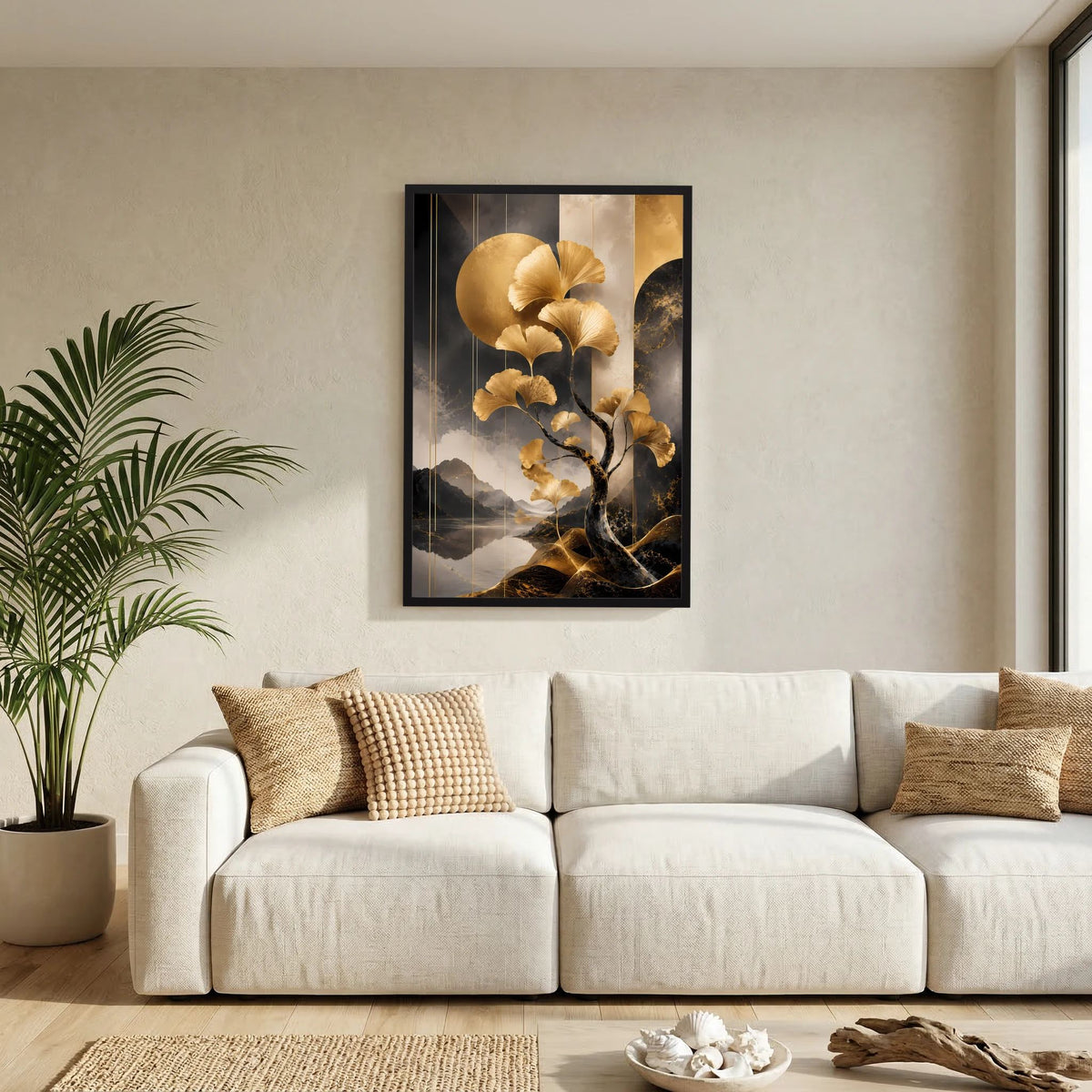 Poster im Hochformat: goldener Ginkgobaum im Kunstmotiv, schwarzer Rahmen