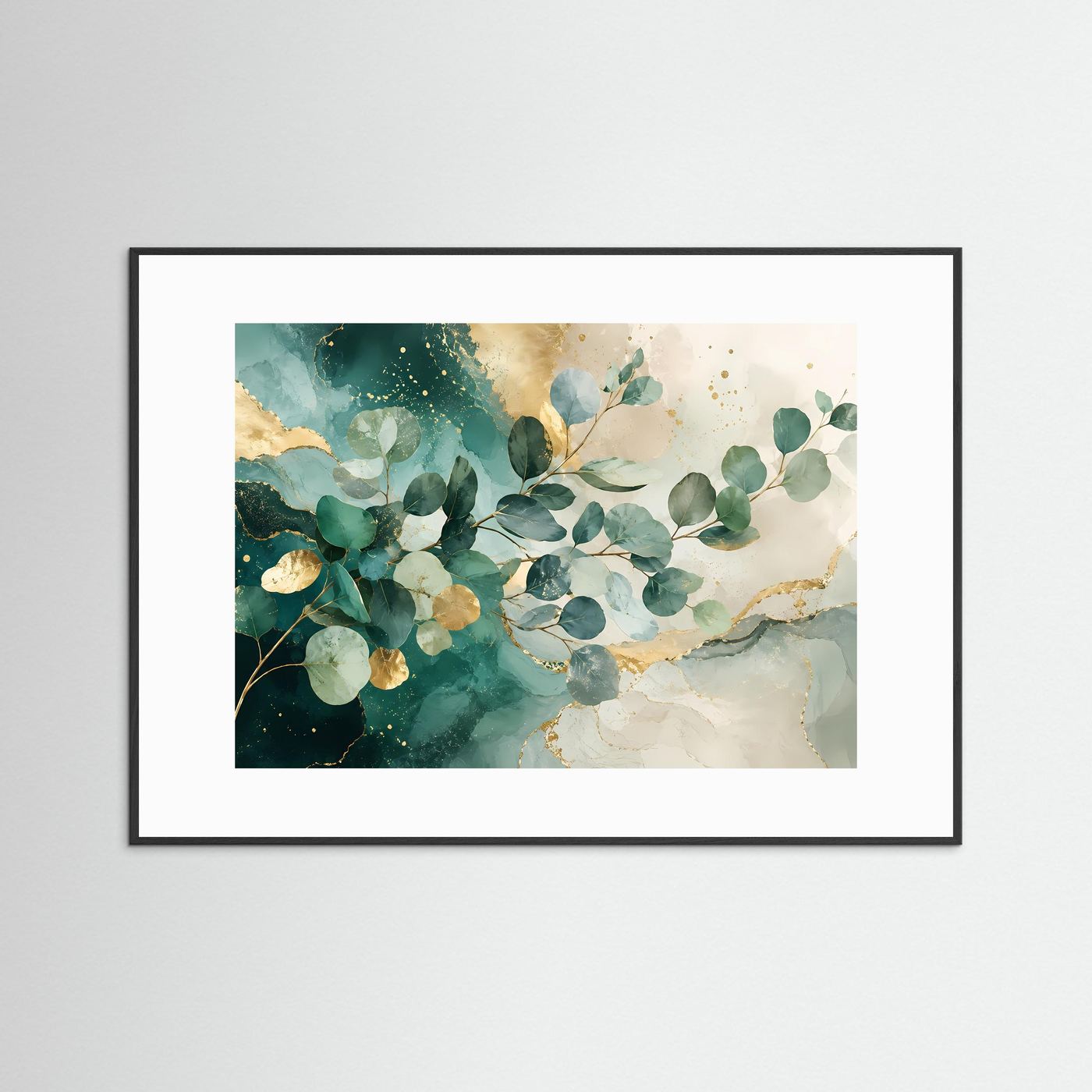 Eukalyptus Blätter Poster Querformat | Abstrakte Botanische Wandkunst in Grün & Gold | Modernes Natur Wandbild
