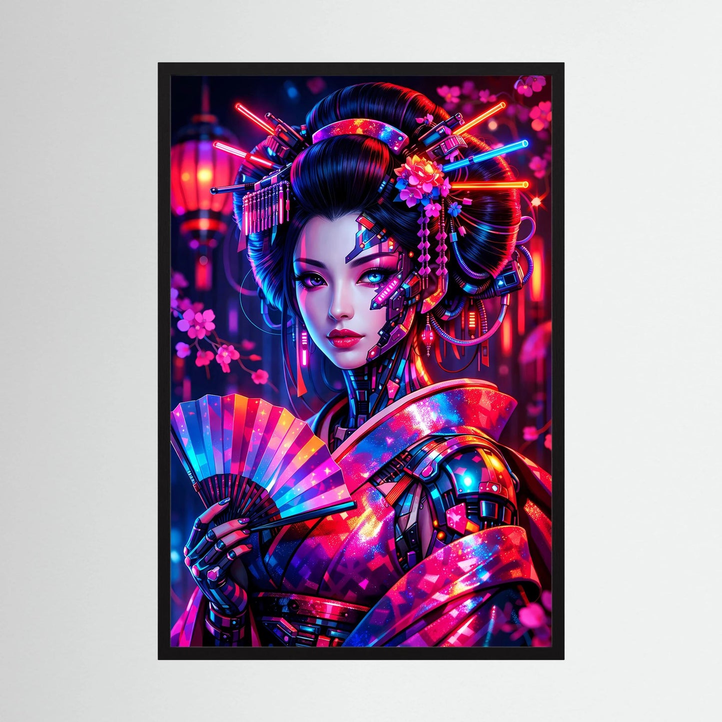 Neonkunst-Poster: Cyber-Geisha im Portrait, schwarzer Rahmen, Hochformat.