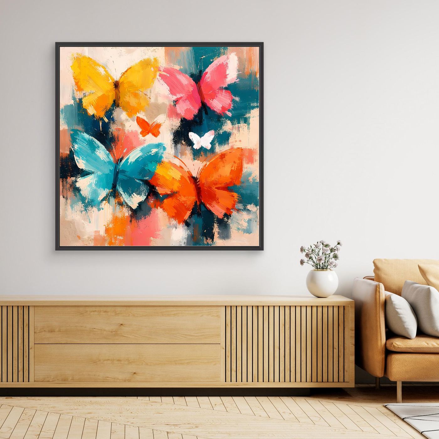 Leinwand Farbenfrohe Schmetterlinge im Flug | Abstraktes Natur & Frühling Wandbild