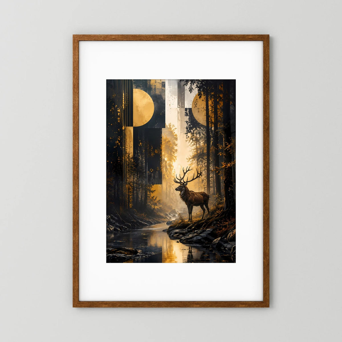 Hochformatiges Poster mit majestätischem Hirsch in dunklem Wald, Schwarz-Gold und goldenem Mond