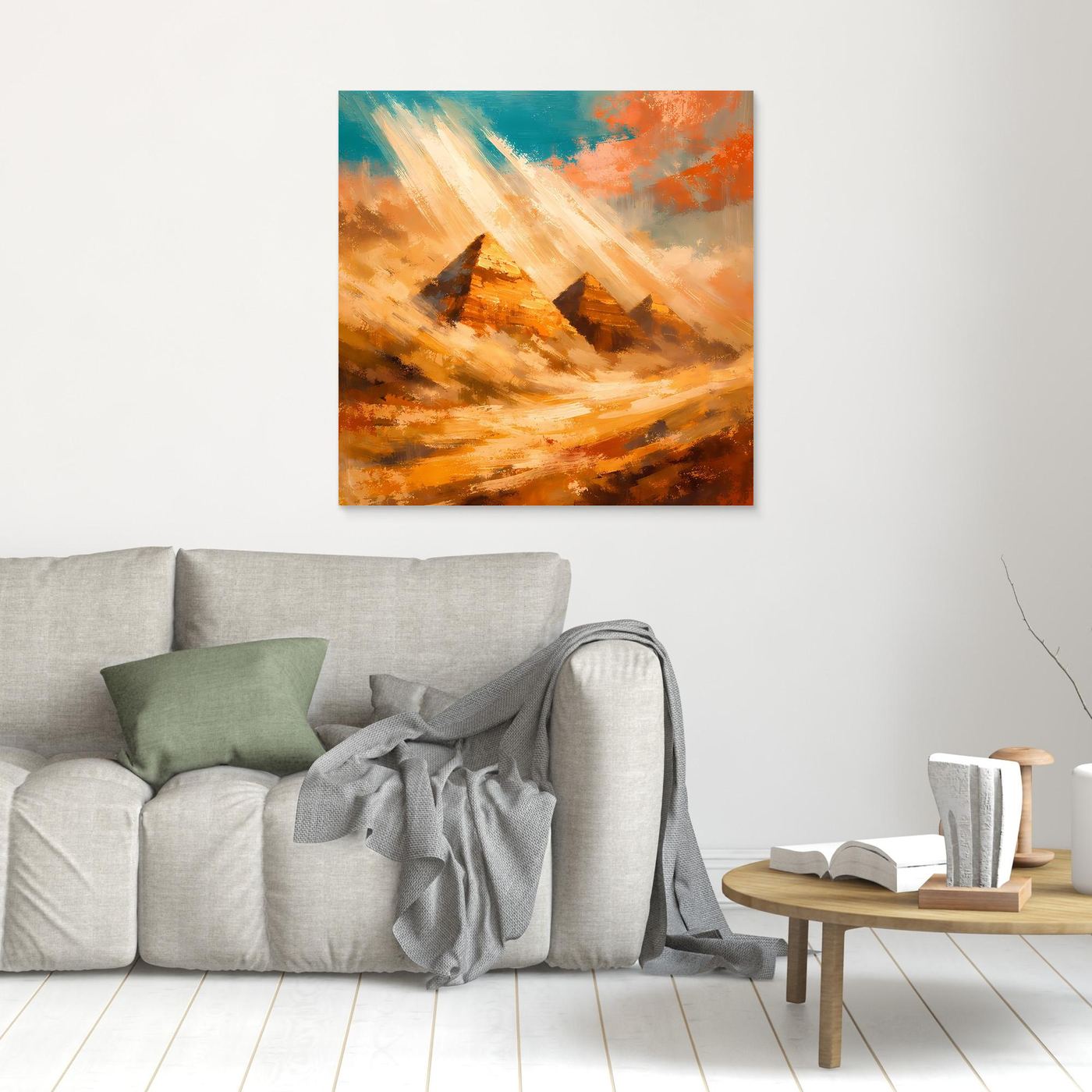Kleines Leinwand-Wandbild mit abstrakten Pyramiden in Orange und Blau, ohne sichtbaren Rahmen