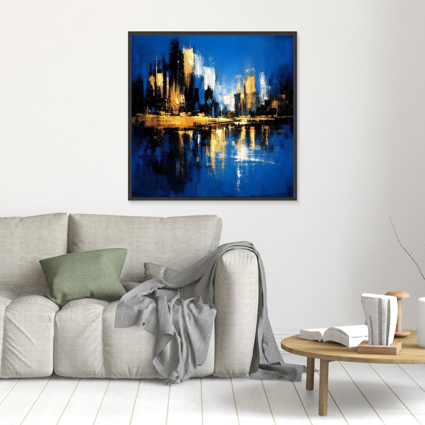 Leinwand Abstrakte Skyline in Blau und Gold | Modernes Großstadt Wandbild mit Spiegelung