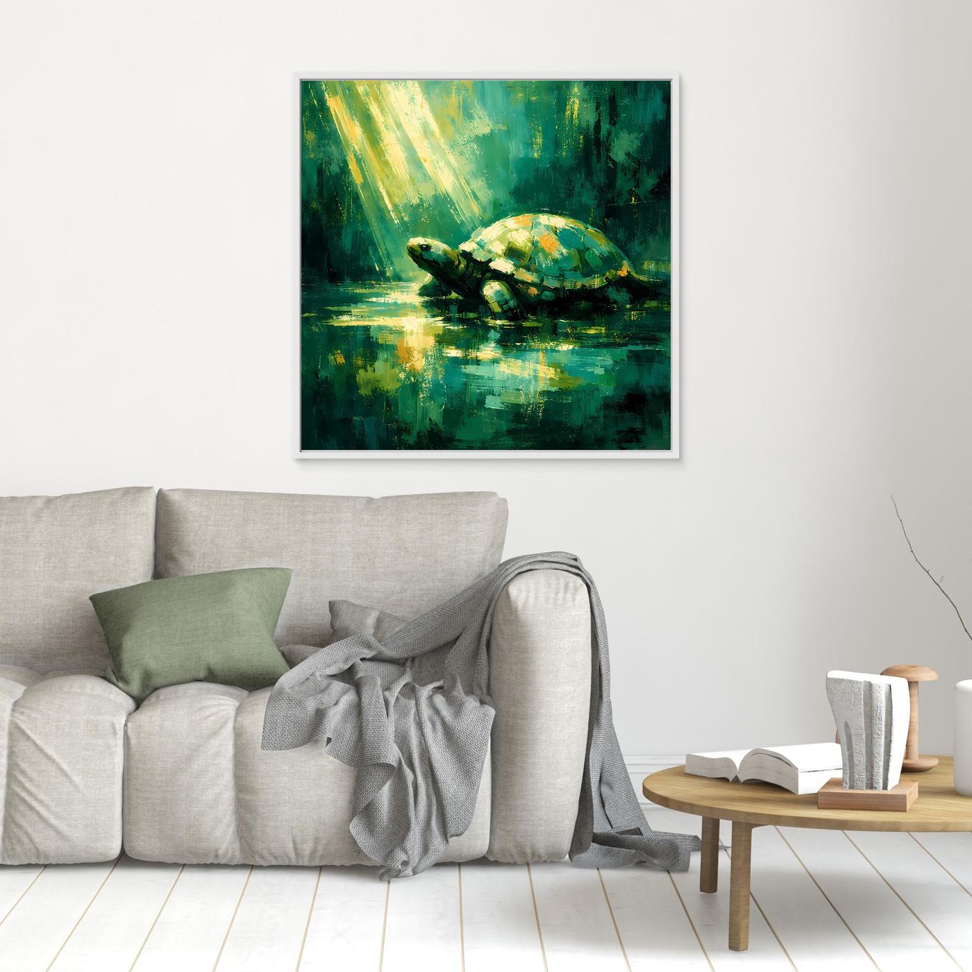 Leinwand Mystische Schildkröte im Lichtstrahl | Abstraktes Natur Wandbild Grün