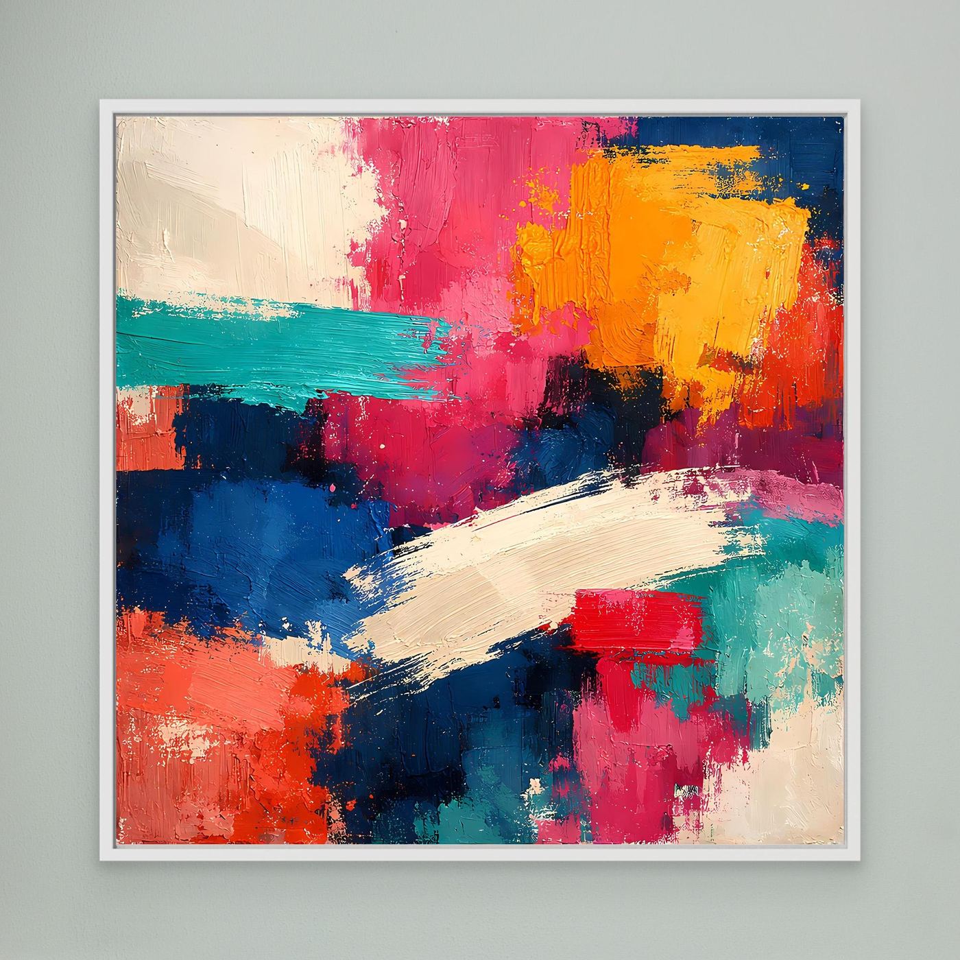 Abstraktes Leinwand-Wandbild mit bunten Farbflächen in Pink, Gelb, Blau, im weißen Rahmen