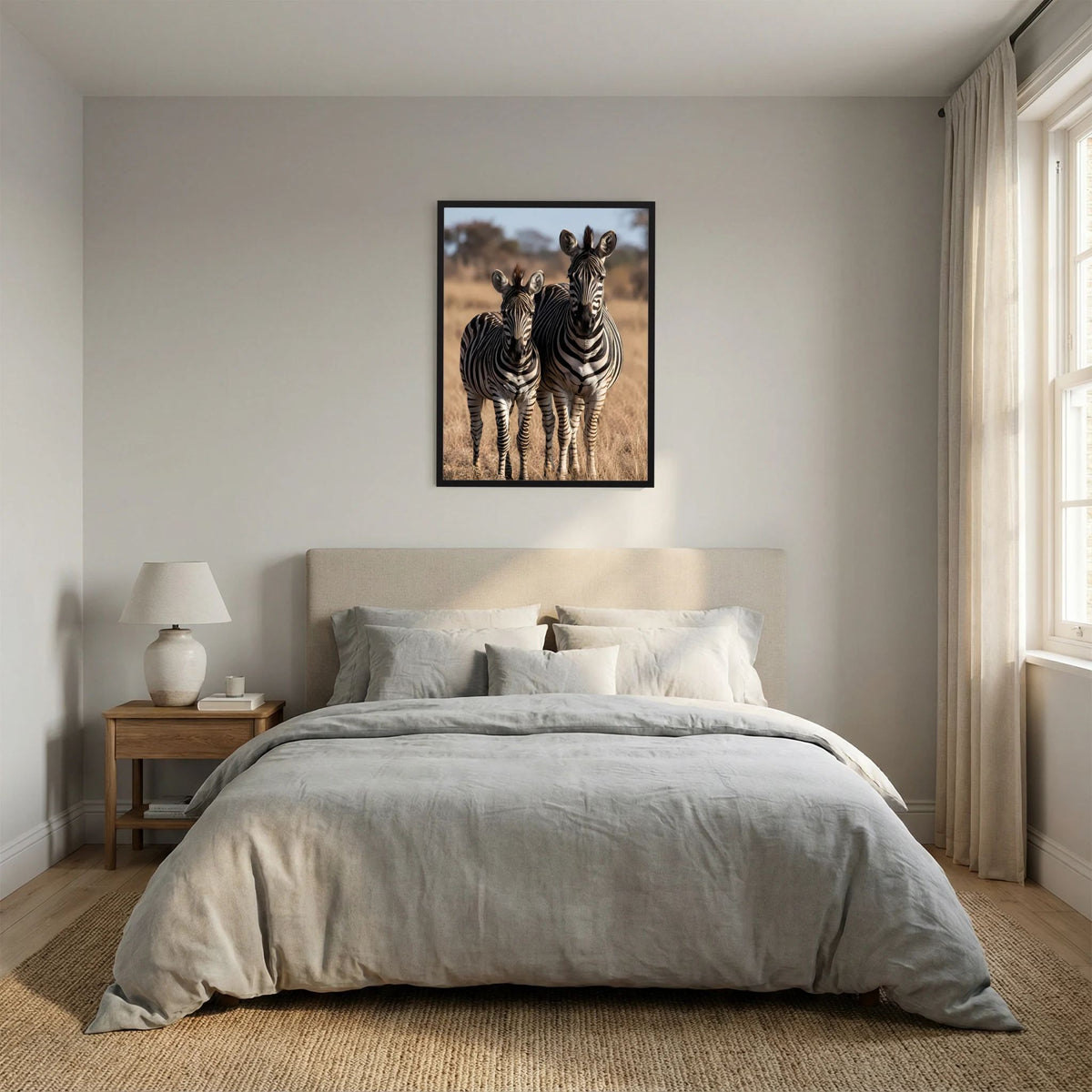 Wandposter mit Zebras (Mutter und Jungtier) im schwarzen Rahmen, hochformatig.