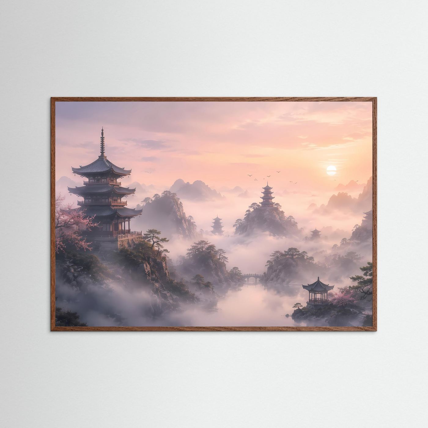 Querformat-Poster in dunklem Holzrahmen mit asiatischer Pagodenlandschaft und Morgennebel