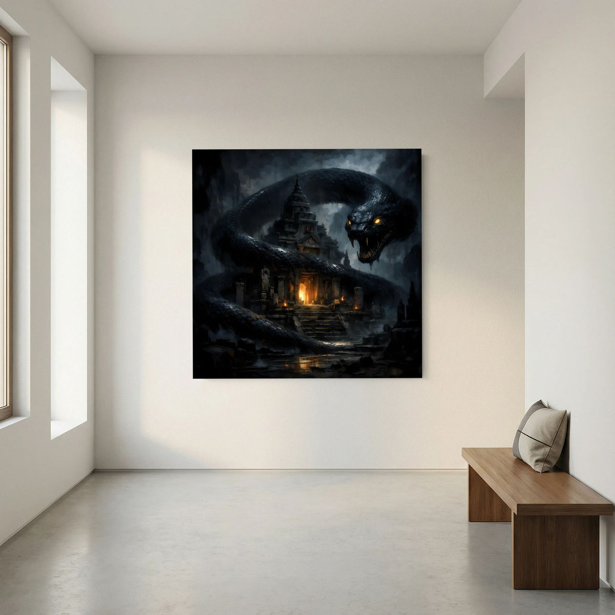 Fantasy-Wandbild: schwarze Riesenschlange windet sich um einen Tempel mit warmem Licht
