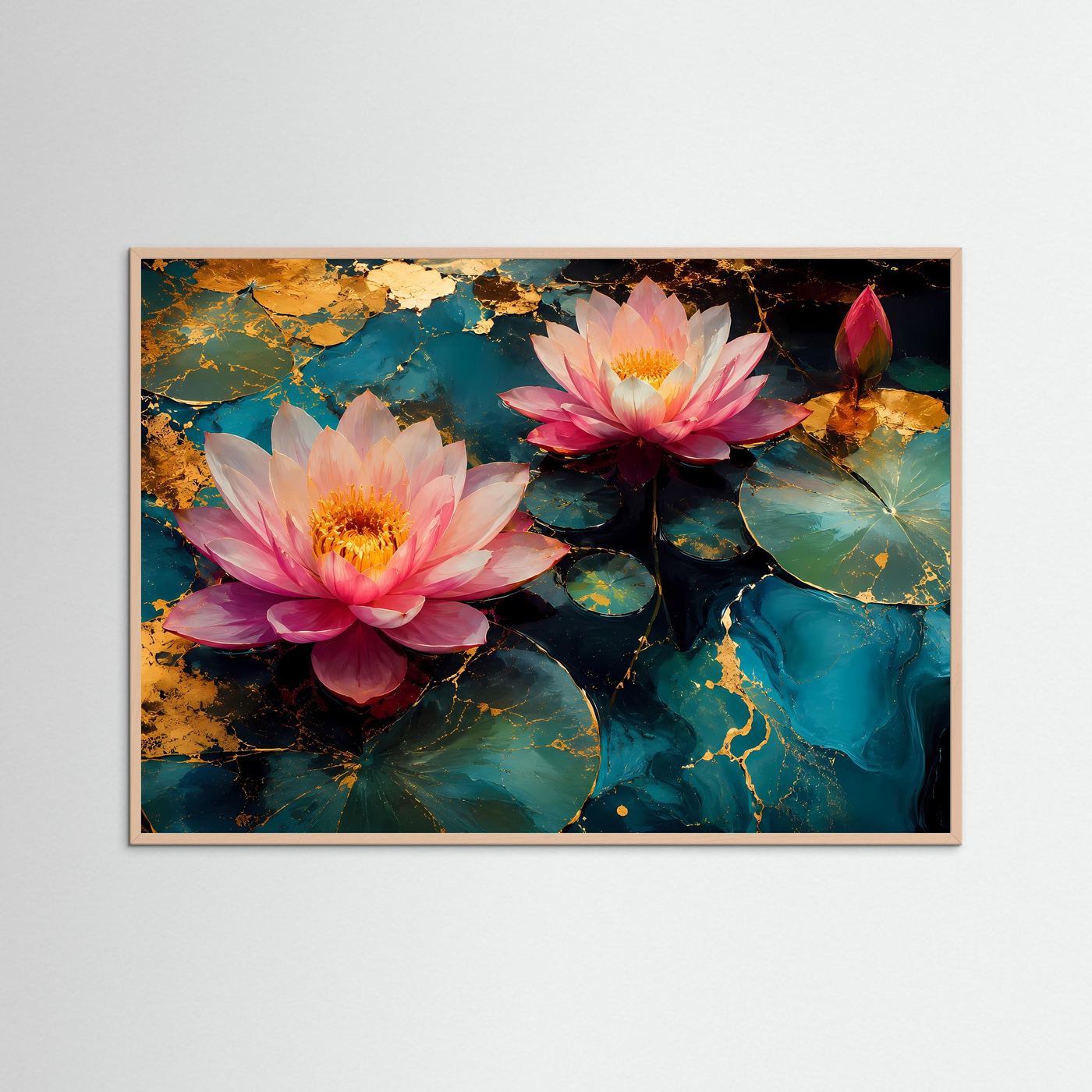 Wandbild mit zwei Seerosenblüten in Pink, Goldakzenten und türkisfarbenen Blättern