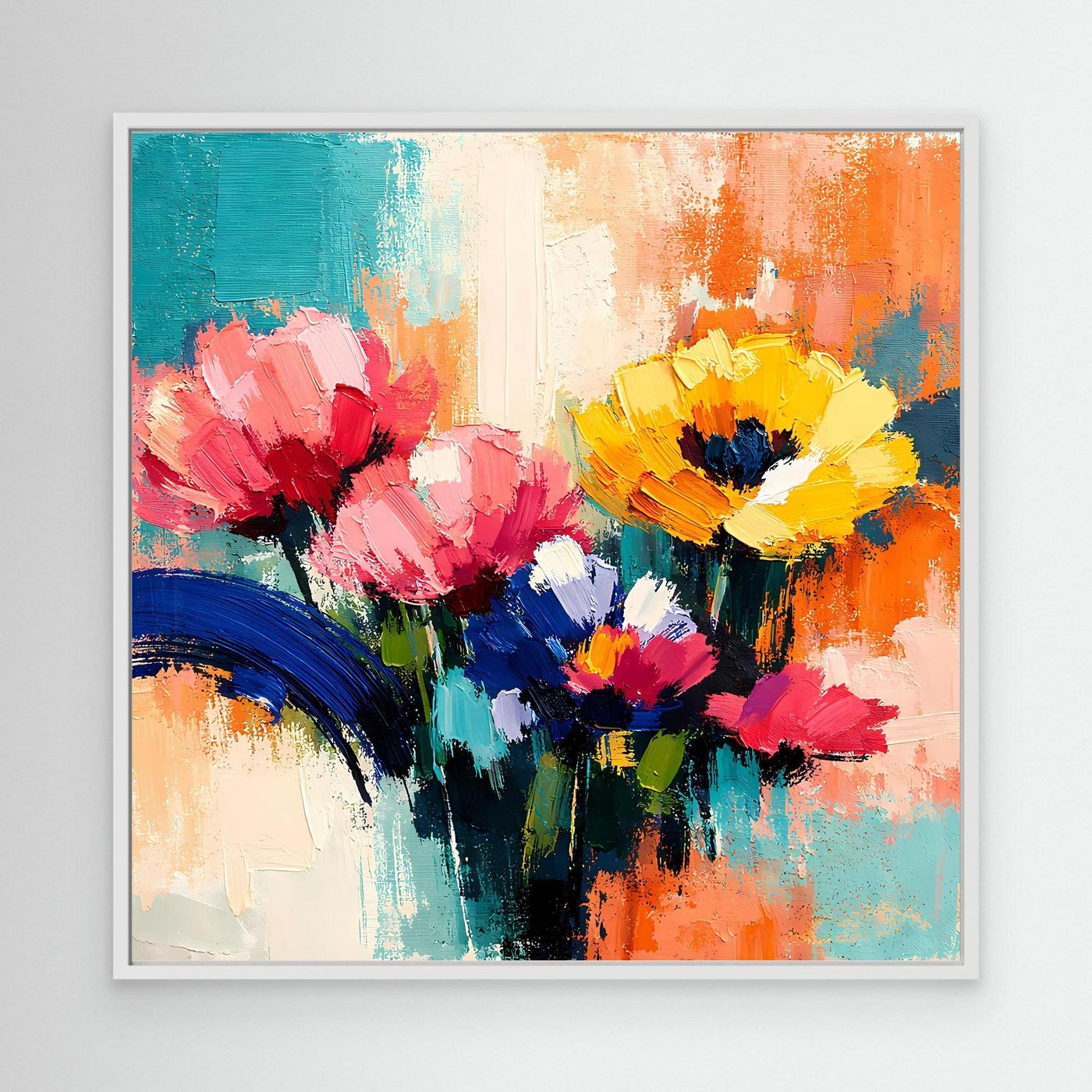 Abstraktes Leinwand-Wandbild mit bunten Sommerblumen in Ölfarbenoptik, weißer Rahmen