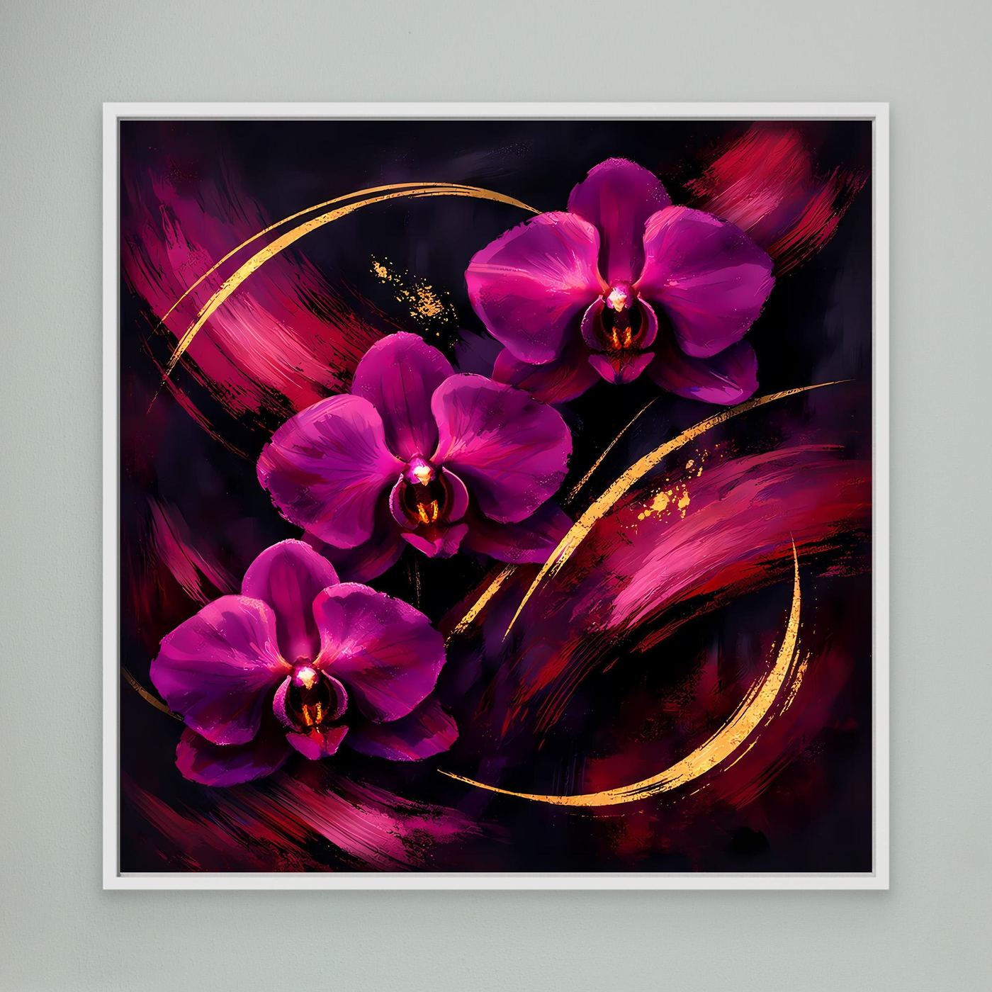 Leinwandbild mit magenta Orchideen, abstrakten Pinselstrichen und goldenen Bögen im weißen Rahmen