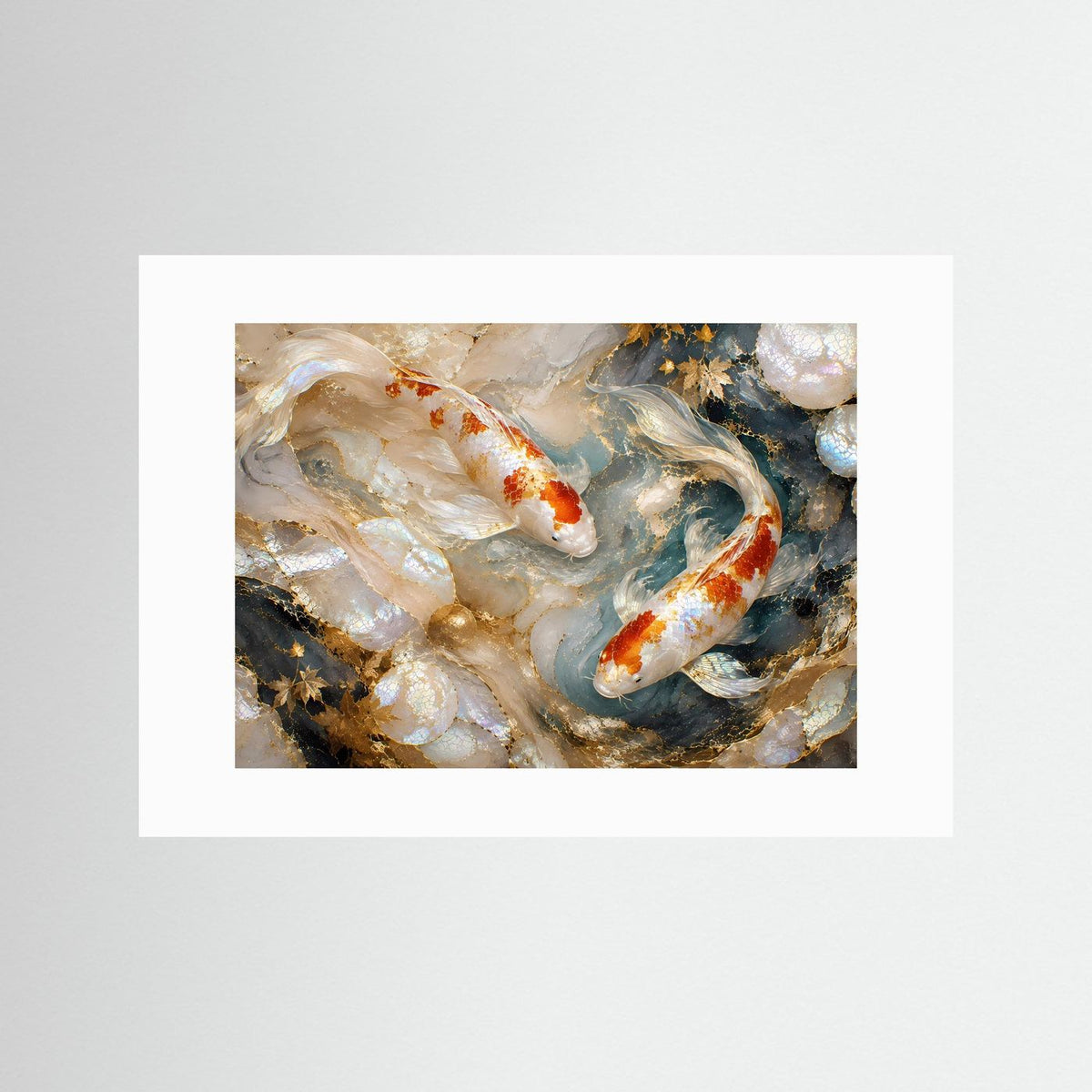 Poster Querformat mit Koi-Fischen in Perlmutt- und Goldtönen, weißes Passepartout