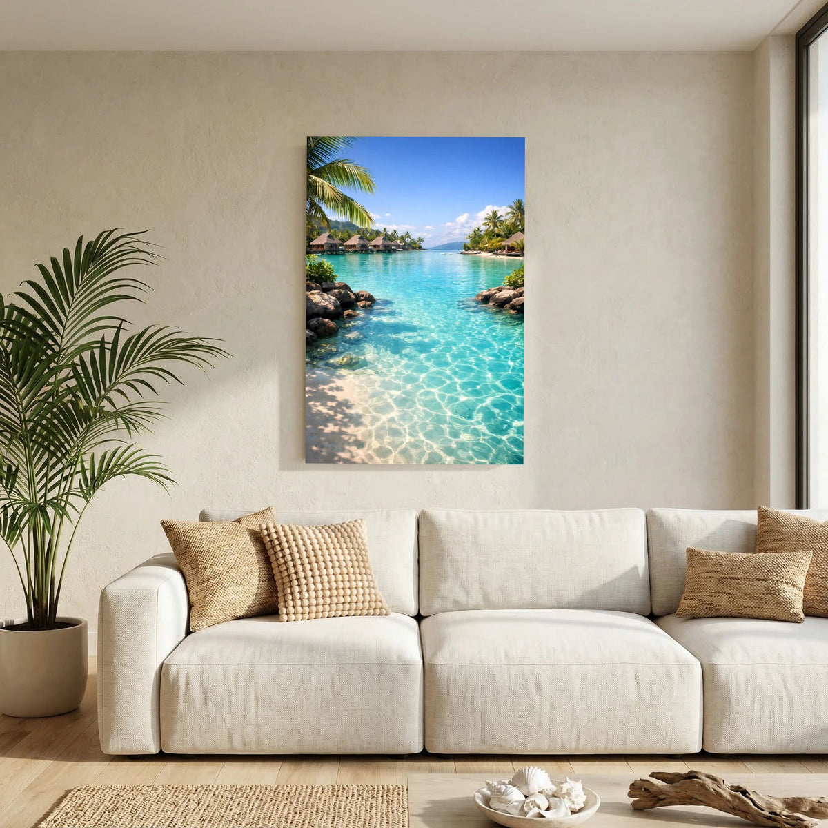 Hochformatiges Poster: tropische Lagune mit türkis klarem Wasser, Palmen und Overwater-Bungalows