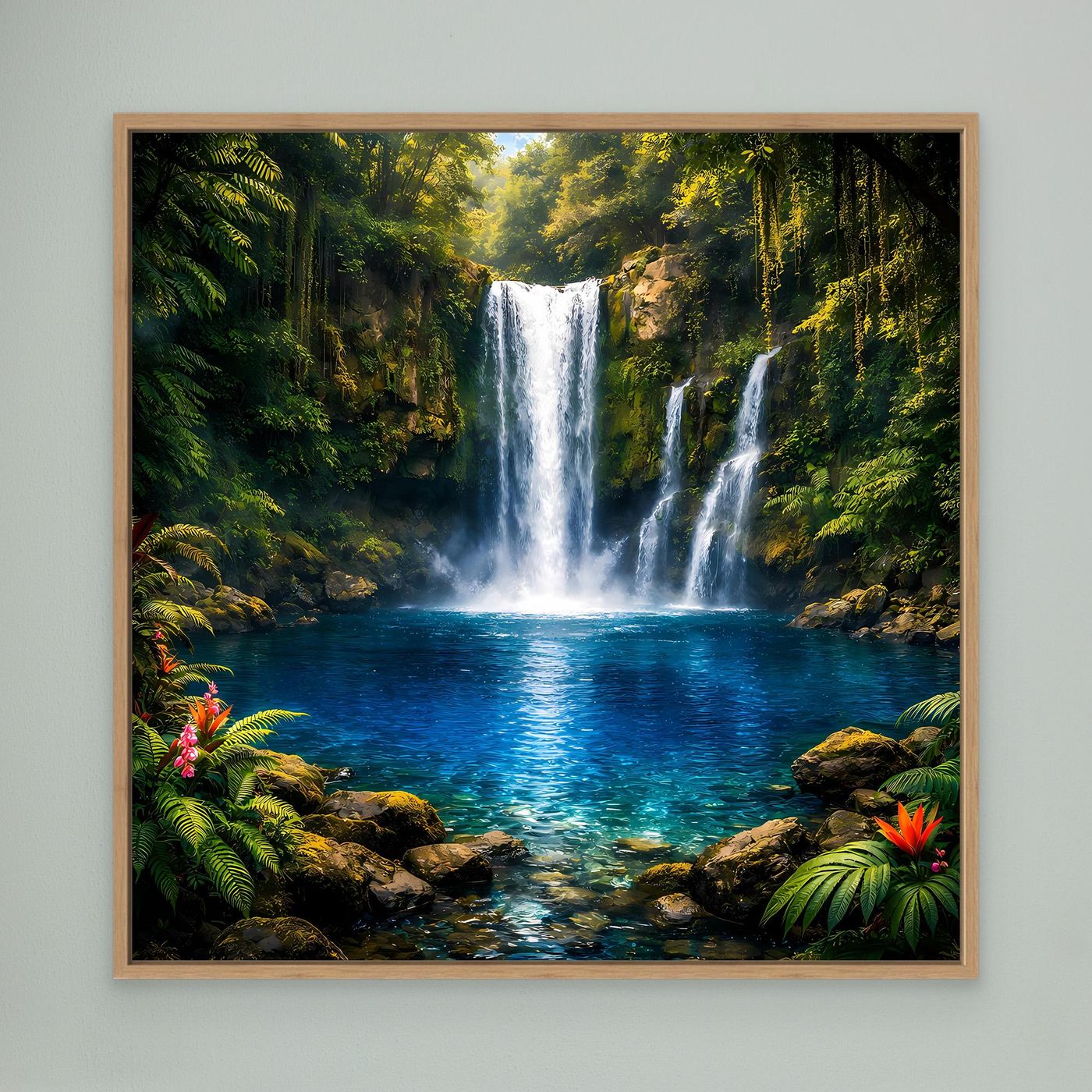 Leinwandbild mit tropischem Wasserfall und türkisfarbenem Becken im Eichenrahmen